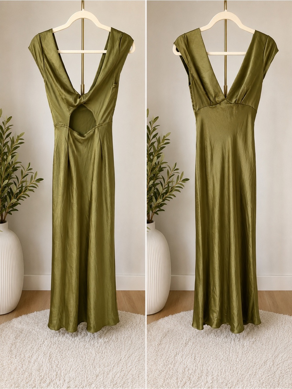 Olive Green Satin Cutout Maxi Dress